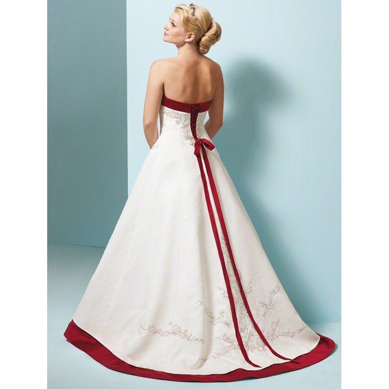 white wedding dress with red trim