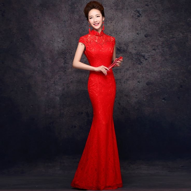 Red Lace Floor Length Traditional Chinese Wedding Dress | Emasscraft.org
