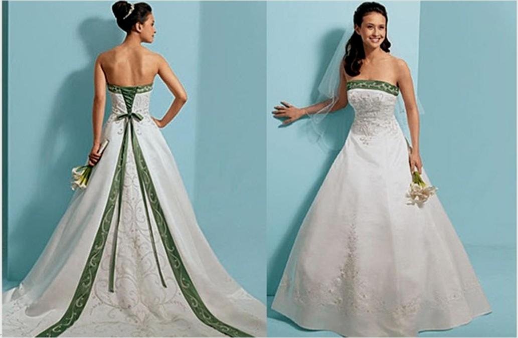 wedding dress with emerald green accents
