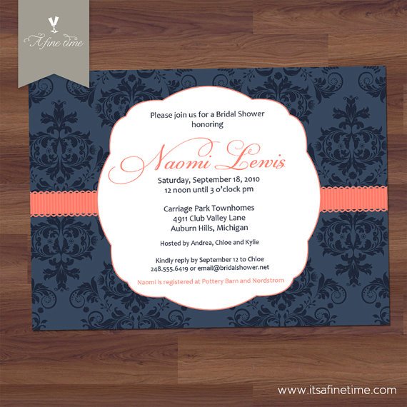 Navy Blue And Coral Wedding Invitations